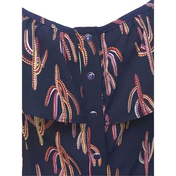 Gypsies & Wondrous Navy Cactus Print Ruffle-Neck Mini Dress  Size L  Button Fron - Picture 2 of 5